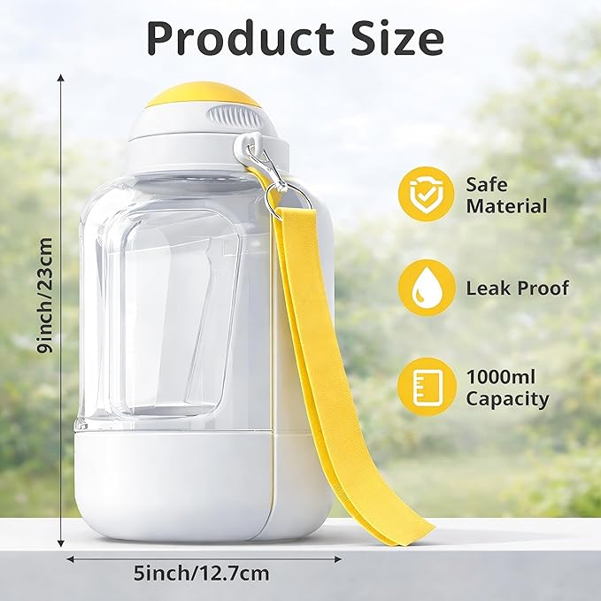 Dog Water Bottle with Food Container, 32oz Leak-Proof 3-in-1 Portable Dog Travel Water Bottle with 10oz Food Storage, Twist Dispensing Pet Water Dispenser for Walking Hiking Camping, White