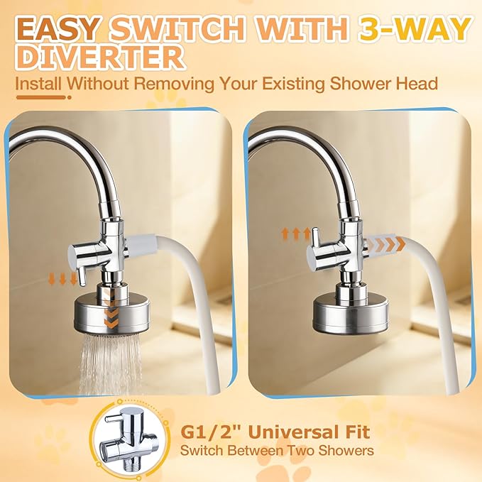 Jamini Dog Shower Attachment, Handheld High-Pressure Sprayer with Brush for Fast and Easy Indoor/Outdoor Dog Bathing, 4 Modes, 8.2ft Hose, G1/2" Brass Shower Diverter
