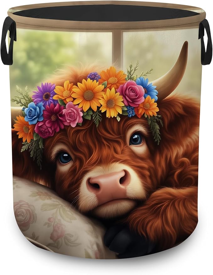Highland Cow Floral Portable Laundry Hamper,Farmhouse Cozy Collapsible Clothes Basket with Handles,Waterproof Oxford Cloth Organizer for Dorm Bedroom Bathroom Nursery,16 x 20 Inch