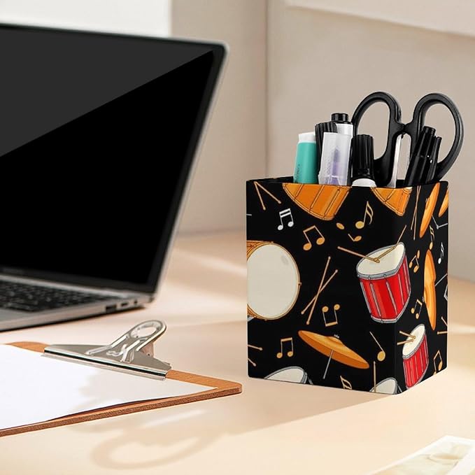 Pu Leather Pen Holder Pencil Cup, Rock Drum Stand Makeup Brush Holder, Stationery Organizer Container Box Desk Decor Accessories for Office