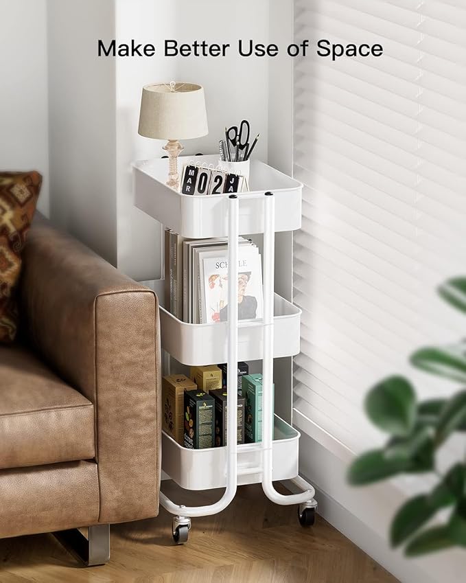 Pipishell 3 Tier Metal Rolling Utility Cart with 2 Lockable Wheels, White | 360° Rotating Wheel, Heavy-Duty Steel, Sturdy Dual Columns, Ventilated Mesh, Hold 22 lbs per Shelf, for Kitchen & Living Room