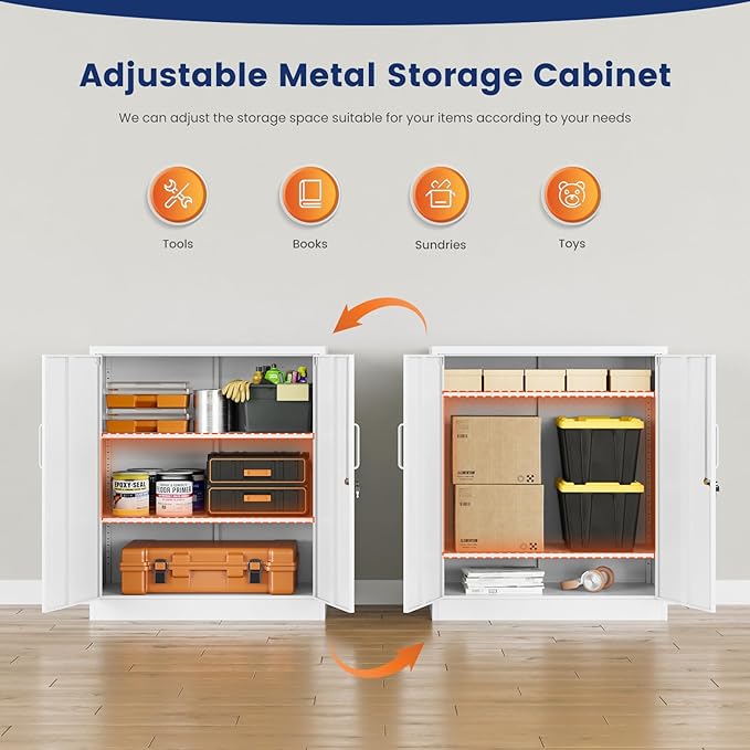 Metal Garage Storage Cabinet with 2 Doors and 2 Adjustable Shelves - 35.5" Steel Lockable File Cabinet for Home Office,Garage,Gym,School (White)
