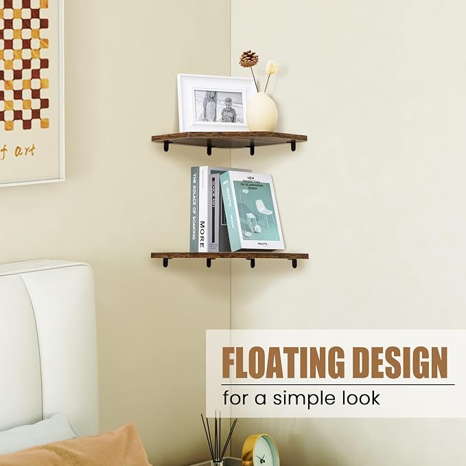 Fun Memories Corner Shelf Wall Mount, Floating Corner Shelves, Set of 2 Corner Wall Shelf Organizer, Rustic Wood Wall Storage Display Shelves for Living Room Bedroom Bathroom Kitchen, Rustic Brown | Organizer