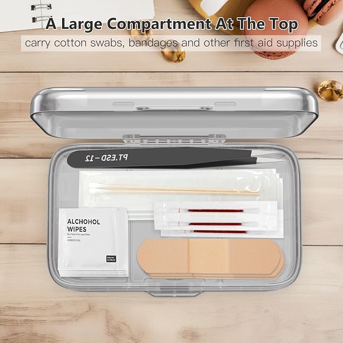 FYY Travel Pill Organizer, Large Weekly Medicine Pill Organizer-Grey | Airtight Moistureproof Medicine Case, Easy to Use, 8 Compartment Pill Box for Vitamins, Fish Oil, Supplements, Mini First Aid