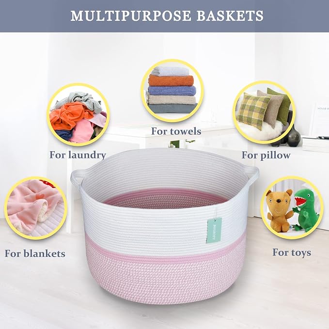 Cotton Rope Basket for Girls Kids, 87L Laundry Hamper, White & Pink