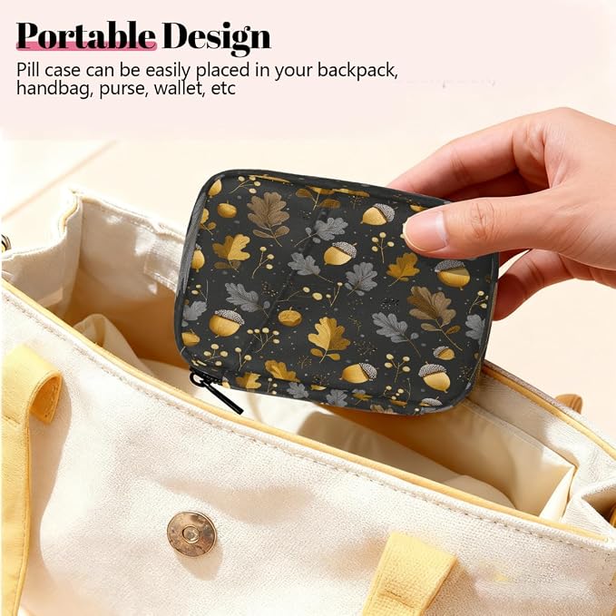 Travel Pill Organizer Black Gold Pine Cones Autumn Leaf Pill Case