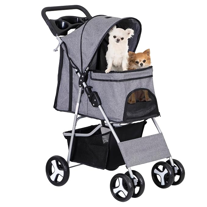 4 Wheels Dog Stroller Folding Pet Strolling Cart for Small Medium Cats Puppies Portable Jogger Travel Camping Puppy Carrier with Storage Basket Cup Holder, Gray