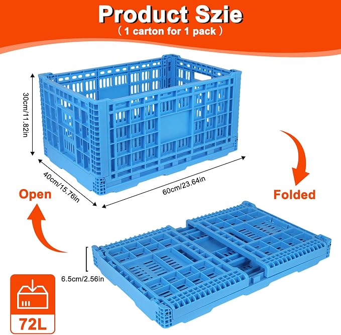 72L Plastic Milk Crate for Storage, Hold 130 lbs Per Bin, | Collapsible Storage Bins, Heavy Duty Storage Crates for Organizing Tools, Books, Food, Drinks, Camping & Transport
