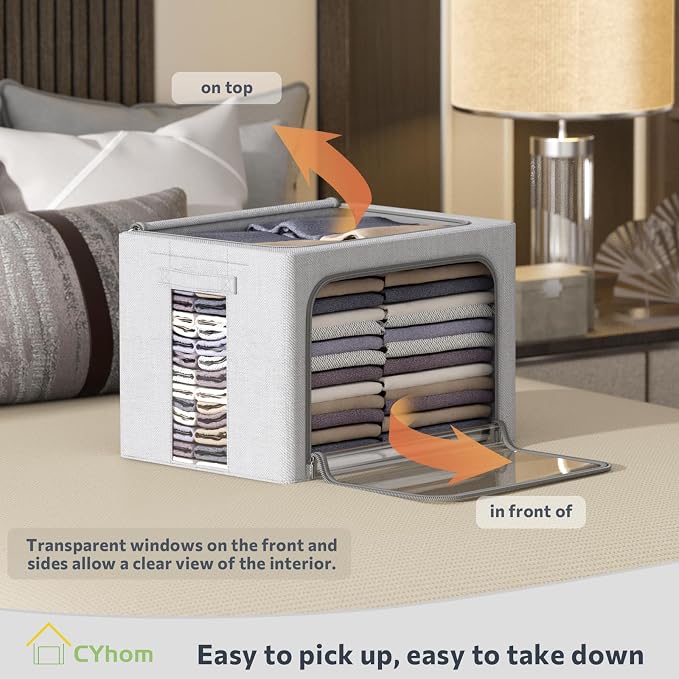 CYhom 3Pack Foldable Storage Bins - Frame Storage Box Linen Fabric Stackable Clothes Container Organizer with Clear Window & Carry Handles Large Capacity (Extra Large-100L, Light Grey)