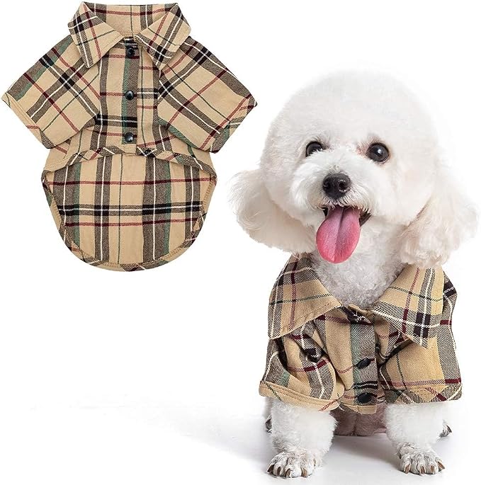 PUPTECK Classic Plaid Dog Shirt, Puppy Polo T-Shirt Clothes, Beige S | Soft Cotton Button Up Dog Clothes for Small Medium Dogs Boy Girl, Fashion Pet Tee, Chic Casual Pet Outfit Apparel
