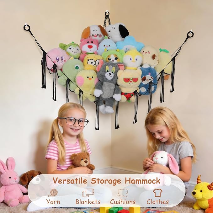 Stuffed Animal Storage Hammock Corner,55 Inch Large No Drill Toy Net,Black | Handcrafted Natural 100% Cotton Stuffy Hammock,Boho Macrame Toy Net,Stuffed Animals Storage Plush Holder,Nursery Room Decor