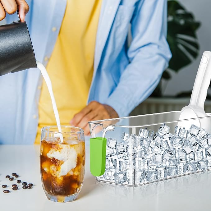 Havawish Ice Storage Bin and Flexible Scoop Set Plastic Freezer Bin | Freezer Ice Bin Scoop, Clear Bucket Container, Pull Handle, Flexible Storage, 10.83 X 4.92 X 4.33 in