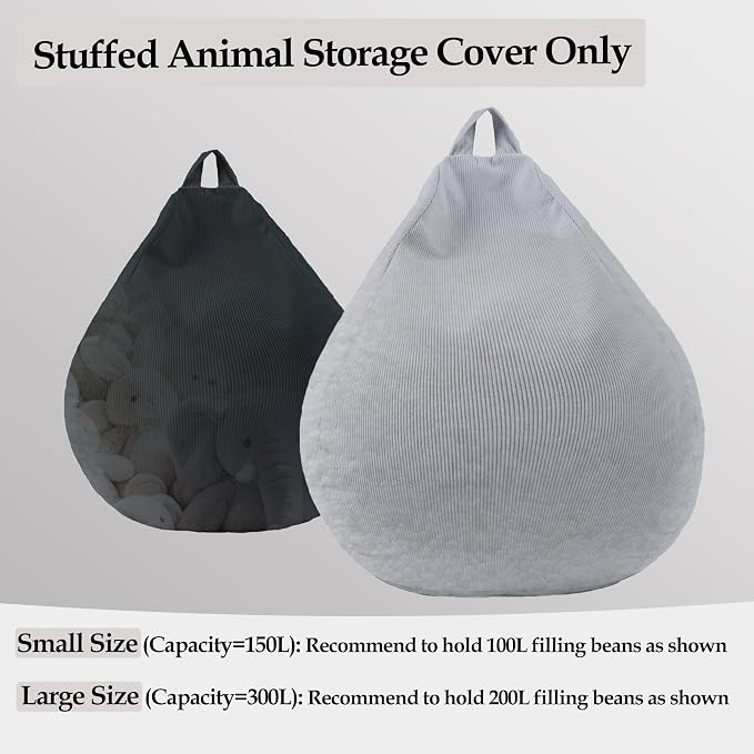 LPMOERA Stuffed Animal Storage Soft Bean Bag Cover No Filler Light Grey | Skin-Friendly,Portable,Wide Easy-Load Opening,Hidden Zipper,Decorative Organizer