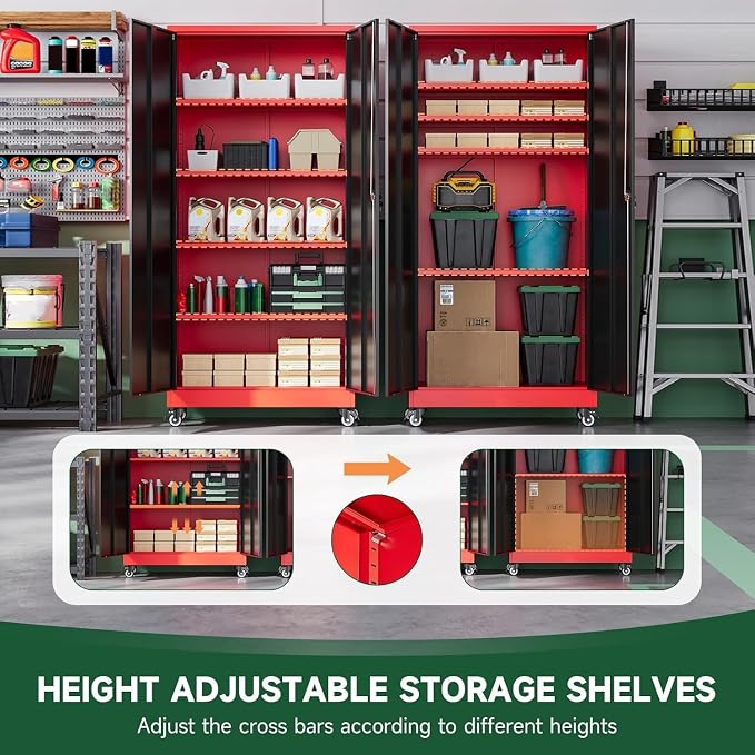 Metal Garage Storage Cabinets with Lock Door and Adjustable Shelves, Steel Tool Cabinets for Home,Office,Warehouse Organisieren (Black Red, 75" H)