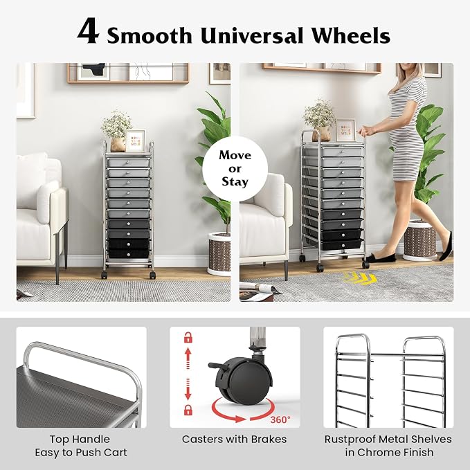 10 Drawer Rolling Storage Cart, Organization Cart with Drawers for Craft Makeup Paper Tool Art Supply, Versatile Utility Cart on Wheels for Home Office Classroom School (Gradient Gray)