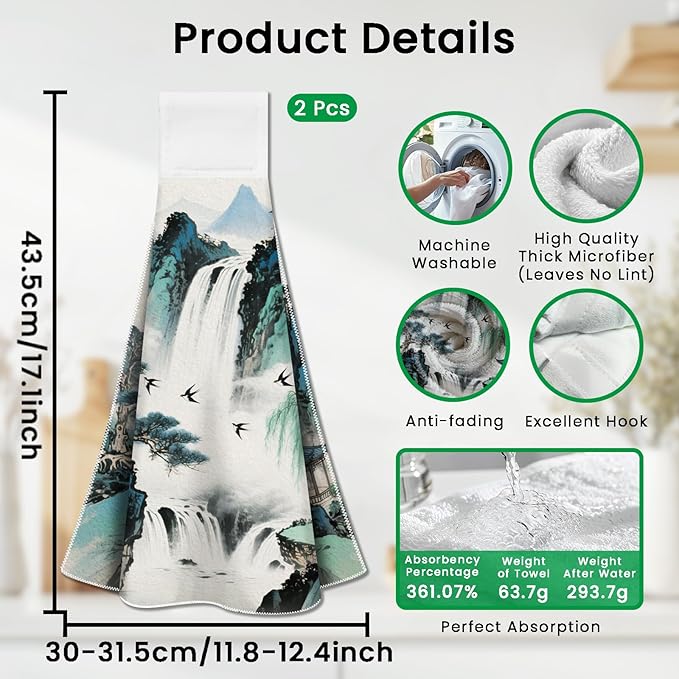 CUTHOLLOW Chinese Style Landscape Hanging Kitchen Towels with Loop, Set of 2 Soft & Super Absorbent Microfiber Decorative Hanging Dish & Hand Towel, Tea, Coffee Towel for Kitchen Bathroom Oven Handle