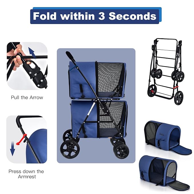 PETSITE Double Dog Stroller, Foldable Pet Stroller for 2 Dogs & Cats Small Medium Sized with Detachable Carrier on Wheels, Ideal for Car Seat Walking Camping Travel