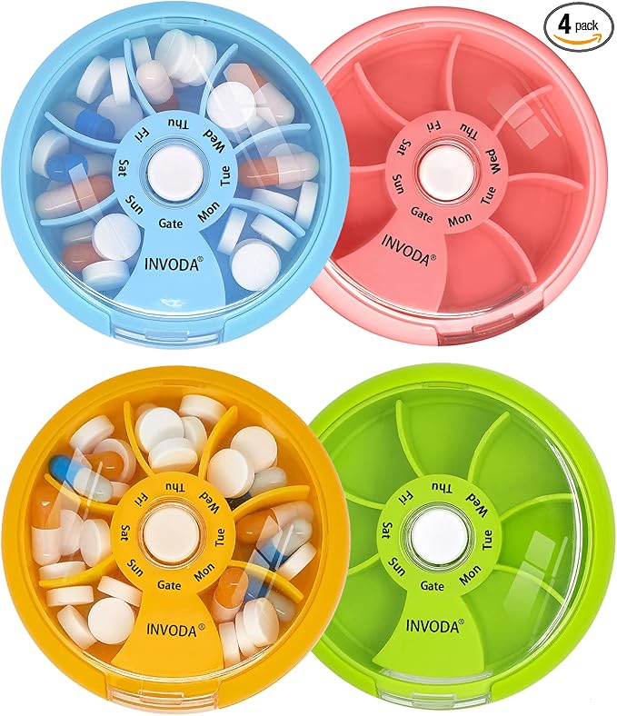 4PCS INVODA Weekly Pill Organizer 7 Compartment Rotating Pill Box for Daily | Cute Round Pill Organizer Fit purse pocket or backpack Portable Travel Pill Case for Fish Oil Supplements Vitamins Medication