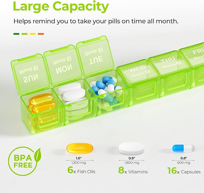 AUVON Moisture-Proof Monthly Pill Organizer, Large 28-Day Compartments | Pill Box Case with Removable 4 Weeks Medication Organizer Rows for Fish Oils, Vitamins, Supplements, Medications, BPA-Free