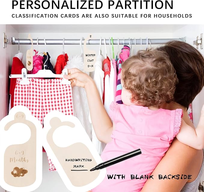 Baby Closet Dividers, 7-Piece Double-Sided Set, Newborn to 24 Months | Double-sided size labels organize outfits by stage, helping parents find newborn through 24-month clothing at a glance.