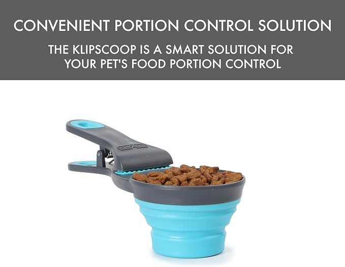 Dexas Popware for Pets Collapsible Klip Scoop, 3-in-1 Pet Food Scoop, Measuring Cup and Bag Clip, 1/2 Cup Capacity, Blue