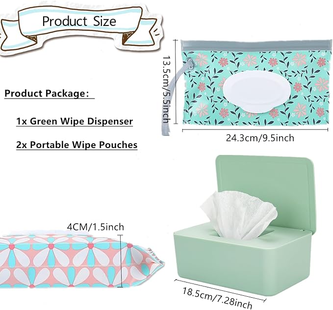 Wipes Dispenser Set,1 Wipe Box & 2 Portable Pouches,Green | Refillable Reusable Large Wet Wipe Holder, Flushable Wipes Case Bathroom Wipes Container for Pet Nursery Kitchen Office