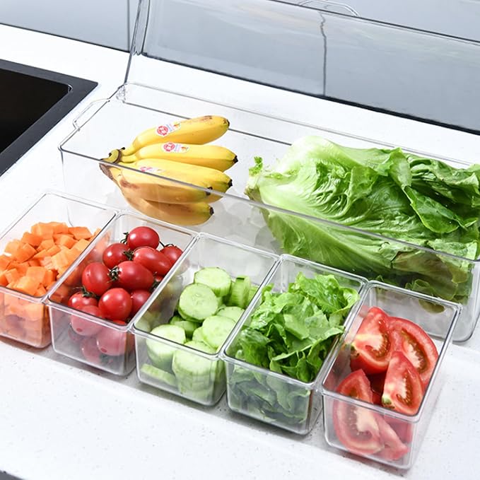 Gcroet Chilled Condiment Server with Lid 5 Compartment Condiment Tray with Ice Chamber and Handle Food Grade PET Transparent Caddy for Bar Party ...