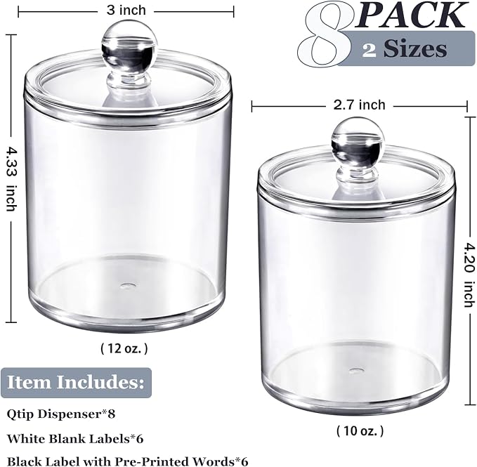 SheeChung 8 Pack Acrylic Qtip Holder with Labels, Qtip Jars for Bathroom | (4) 12oz & (4) 10oz Clear Qtip Holder Set,Shatterproof Bathroom Vanity Organizer for Cotton Swabs,Balls,Pads,Minimalist Decor