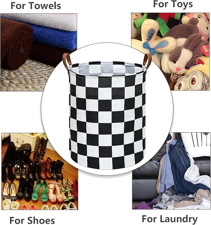 MAIZMZ Checkered Flag Canvas Storage Basket 63L Waterproof Laundry Hamper with Handles, Collapsible Racing Themed Organizer Bin for Boys Bedroom, Toys, Clothes, Gift Giving