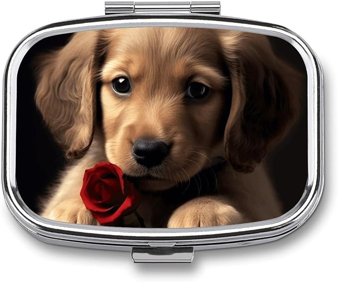 Metal Pill Organizer 2 Compartment Travel Pill Case with Mirror Waterproof & Leak-Proof Cute Pet Dog Pill Boxes for Daily Meds Vitamins Supplements Fits in Purse Pocket Bag