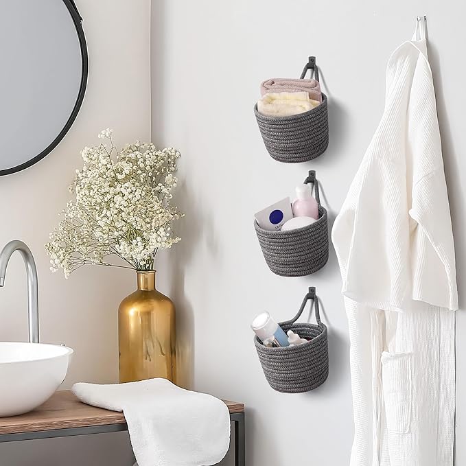 Fabric Wall Hanging Baskets - 3Pack Woven Pouchs Boho Style Wall Mounted Bag with Adhesive Hooks, Storage Organizers and Decoration Pocket Caddy Bins on Door Rack (Dark Gray & Black, Large) | Wall Small Bags with Adhesive Hooks, Cotton Rope, Boho Decor...