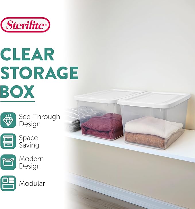 Sterilite Storage Box, Stackable Clear Plastic Bins, 20 Quart, 12-Pack | Heavy-Duty Organizing Containers with Snap-On Lids for Closet, Bathroom, and Office