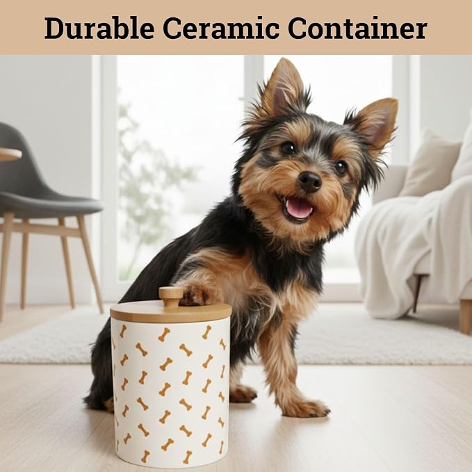 Ceramic Dog Treat Container Airtight with Bamboo Lid, 5"W x 6.4"H, 4 Cups | Sturdy Durable Ceramic, Airtight Bamboo Lid, Food Safe, Fits Most Popular Treats, 4 Cup Capacity, Easy to Wash