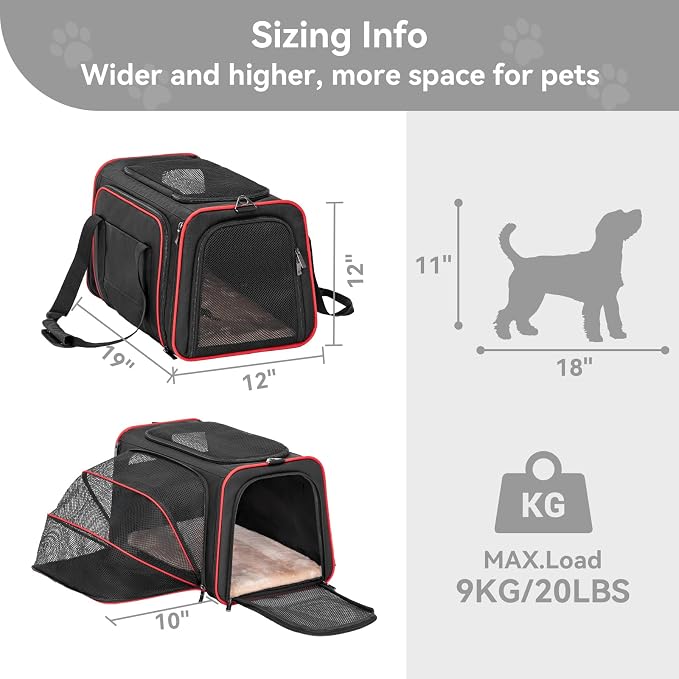 Petsfit Large Expandable Cat Carrier for Travel, Up to 18 lb | 19 x 12 x 12 in; roomy expandable space with a reinforced frame, locking zippers, interior safety tether and large pocket.