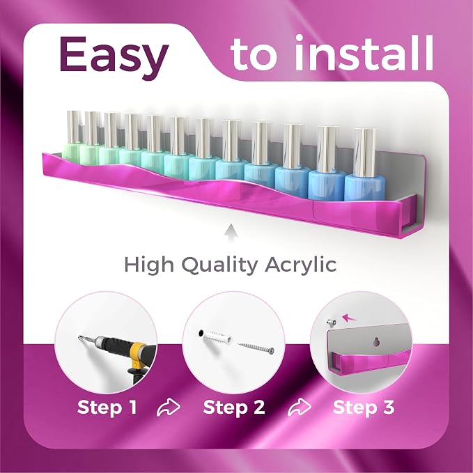 Wall-Mounted Nail Polish Organizer Rack - 15 Inch Pink Mirror Finish Nail Polish Shelf, Makeup & Beauty Essentials Storage - Multi-Purpose Display Holder for Small Space, Vanity Bathroom, 6 Pack