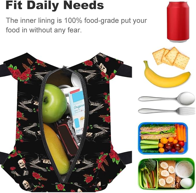 Leakproof Insulated Lunch Bag, Skeleton Love Roses Flowers | Large Capacity Cooler Tote Bags, with Zipper Closure, Versatile Food Carrier Bag, for Picnic Climbing Fishing