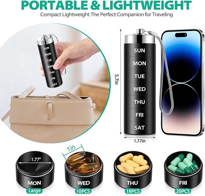 Metal Travel Pill Organizer, Large Weekly Pill Box, 7 Day Pill Container | OUVBTX Aluminum Alloy Pill Case, Portable, Waterproof, Stackable, Daily Medicine Holder for Vitamin, Fish Oil, Supplement