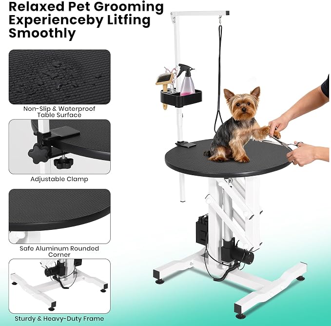 Electric Hydraulic Lift Dog Grooming Table – 24 Inch Rotating Desktop, Overhead Arm, Foot Remote, Tool Organizer, 250LBS Capacity – Ideal for Small Pets