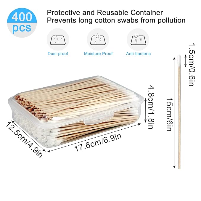 400 Pcs 6 Inch Long Cotton Swabs with Storage Box - 100% Natural Cotton Buds with Bamboo Sticks - Non Sterile Cotton Tipped Applicators for Dog Ear & Gun Cleaning, Makeup Remover