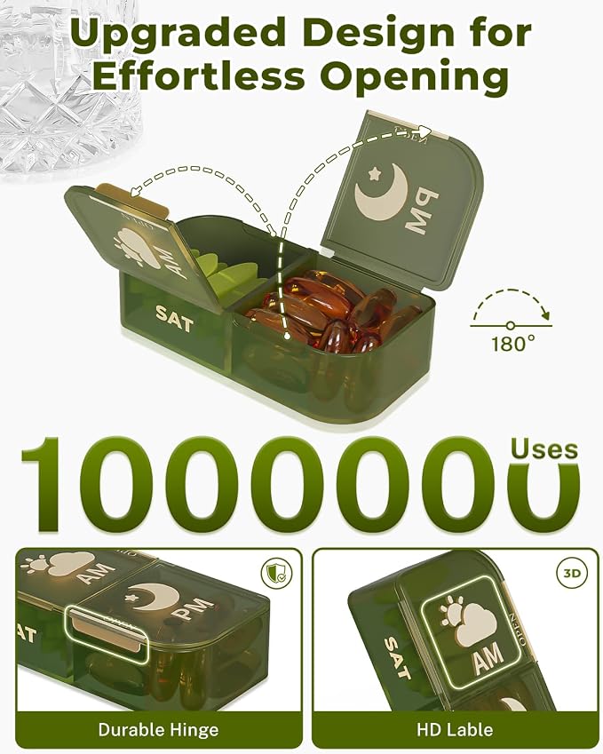 Weekly Pill Organizer 2 Times a Day, 7 Day AM PM Pill Box for Travel | Portable Medication Dispenser with Child-Resistant Latch, BPA-Free, Travel, Office, Pets, Emergency Use (Green)