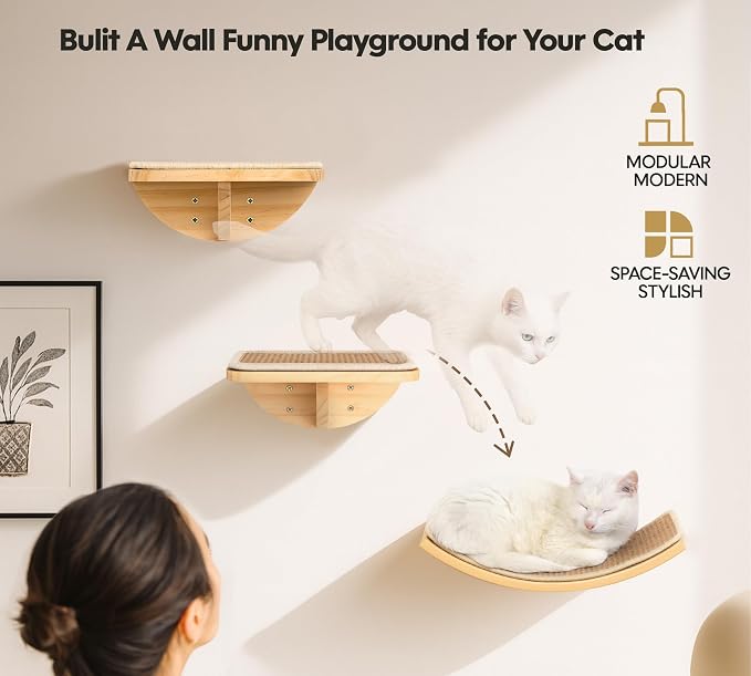 Wood Cat Wall Curved Bed with Sisal Mat, Cats Shelf for Sleeping Scratching | Ergonomic Curved Design, Scratchable Sisal Pad, Wall Mounted