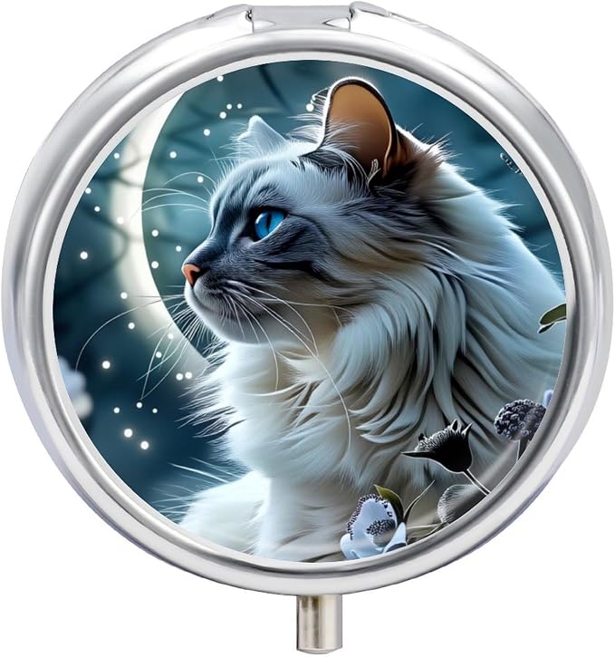 White Cat Pattern Metal Round Pill Box, 3 Compartment Travel Organizer, Portable Pill Container with Secure Latch, 2 Inch Circular Vitamin Caddy for Pills and Vitamins, Gift for Him Her Elderly