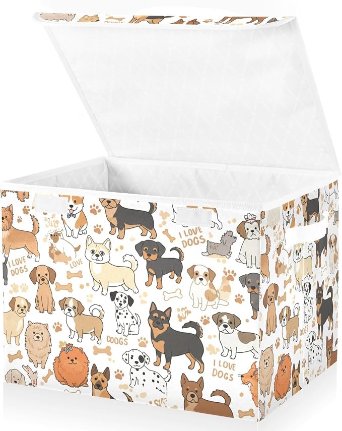 Cute Dog Fabric Storage Bins with Lids and Carrying Handle Foldable Storage Boxe