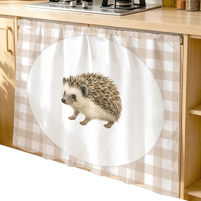 Hedgehog Cabinet Dishwasher Hidden Curtains, Privacy Closet Door Curtain, Modern Farmhouse Linen Checked Animal Adhesive Dust Proof Under Sink Skirt for Bathroom Kitchen 35"x35"
