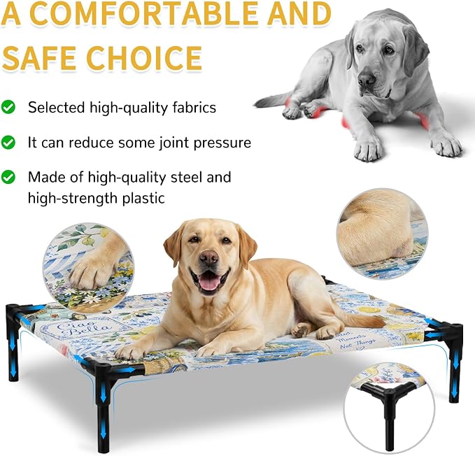 Summer Village Elevated Dog Bed, Coastal Blue Flowers Cart Yellow Lemons Starfish Outdoor Raised Pet Bed for Dogs Cats, Portable Breathable Cooling Waterproof Pet Cot 28x22 Inch
