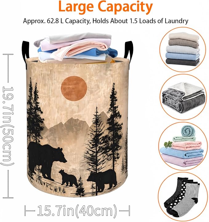 Vintage Bear Laundry Basket, Mountain Forest Wildlife Oxford Cloth Dirty Clothes Collapsible Hamper for Room Decor, Rustic Gifts, Toy Organizer 19.7 x 15.7 Inches for Bedroom Bathroom Dorm