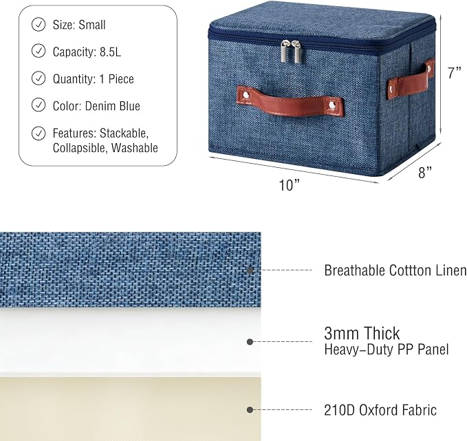 Storage Bin Box with Zippered Lid Decorative Collapsible Basket | Cotton Linen Fabric, Washable, Foldable, Stackable, Closet Shelf Organizer, with PU Leather Handles, Denim Blue-Small