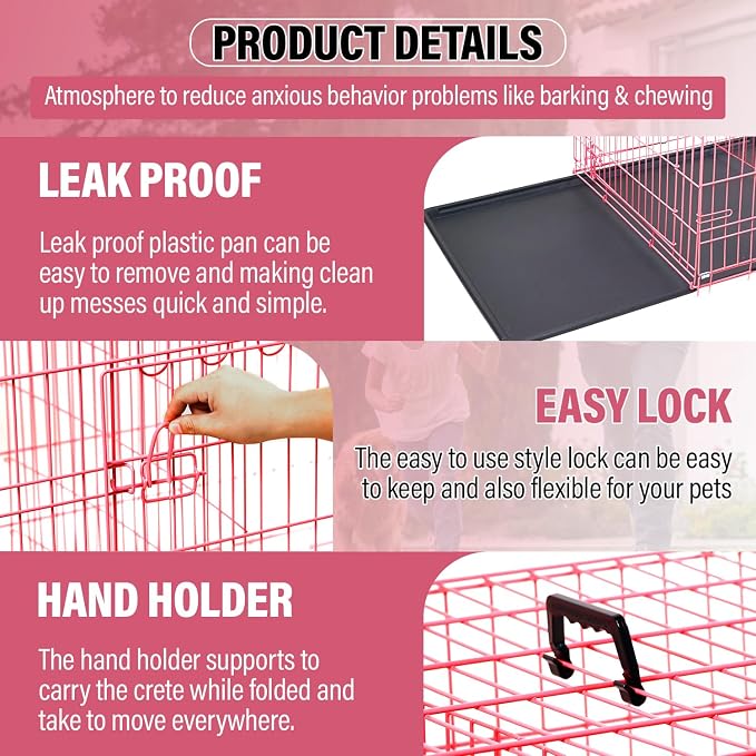 Large Dog Crate Kennel Metal Dog Cage for Medium Large Dogs Double-Door Folding Travel Indoor Outdoor Puppy Playpen with Divider and Handle Plastic Tray,42",Pink