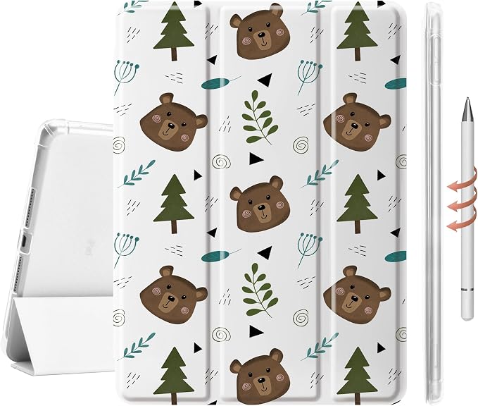 Cute Lovely Bear Case for 11" iPad Pro(2024), Clear TPU Smart Stand Back Cover with Pencil Holder, Auto Wake/Sleep Foldable Shockproof Protective Case