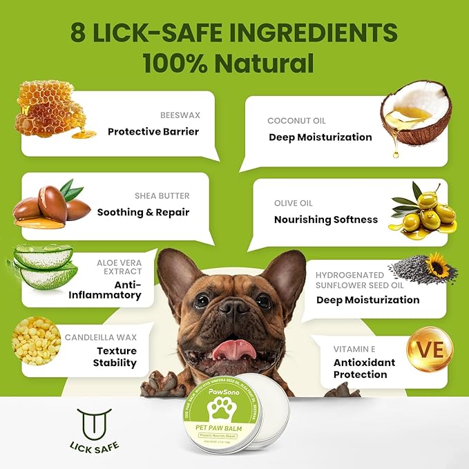 PawSono Lick-Safe Dog Paw & Nose Balm with Coconut Oil | All-Natural Moisturizer & Soother for Dry, Cracked Pads & Snout | Heat & Cold Pavement Protection Wax, Nose Butter for Bulldogs (2.1 oz / 60 g)